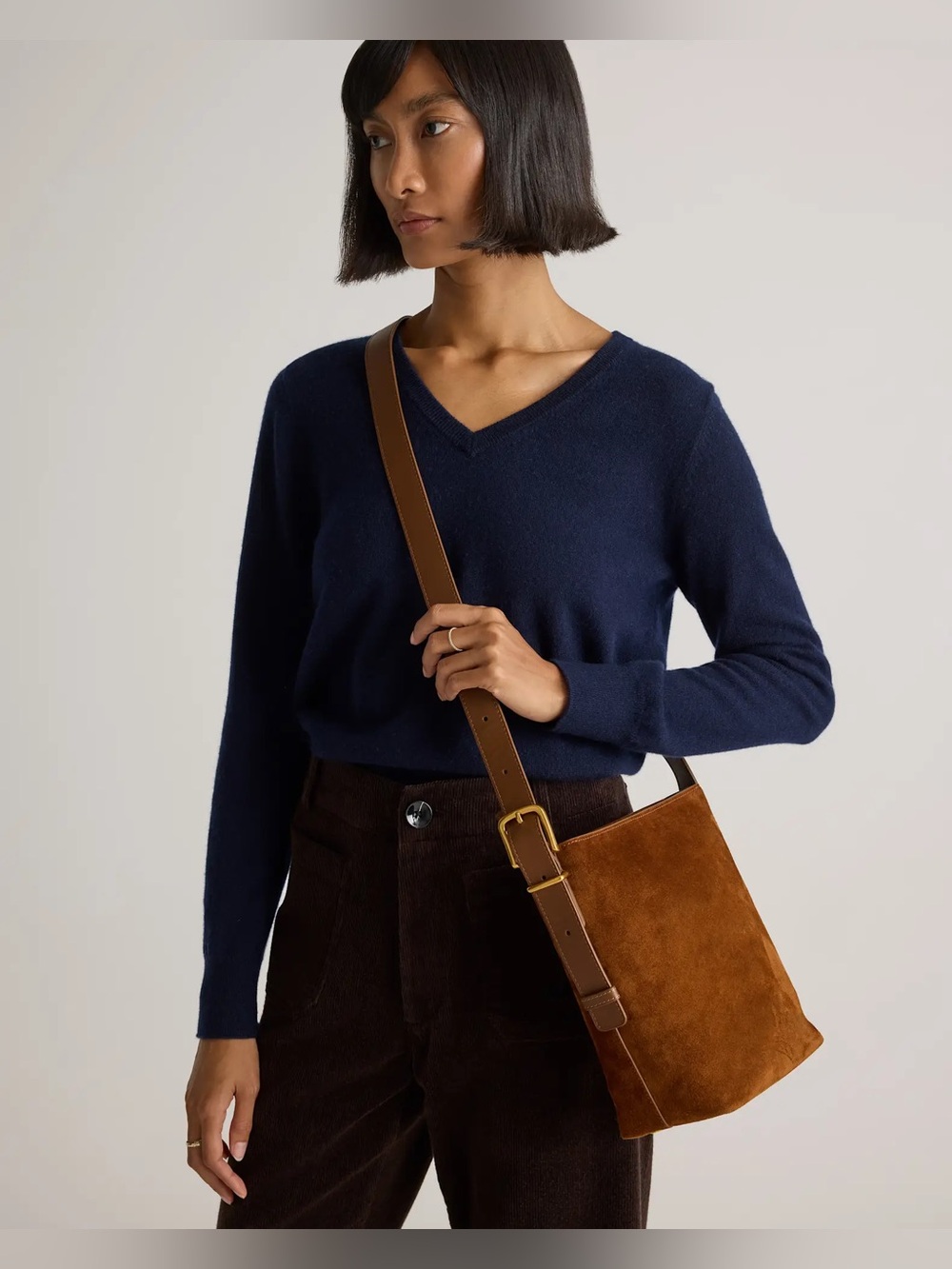 Quince Italian Suede Bucket Crossbody Bag in Color Whiskey - Picture 6 of 16